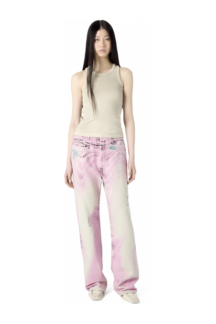 DISTORTED PRINT DISTRESSED DENIM JEANS ROSA-BLANCO ROTO