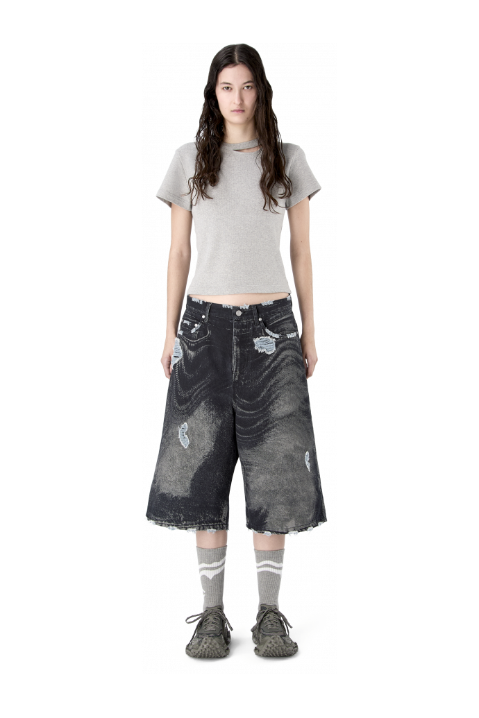 DISTORTED PRINT DISTRESSED DENIM SHORTS NERO-GRIGIO