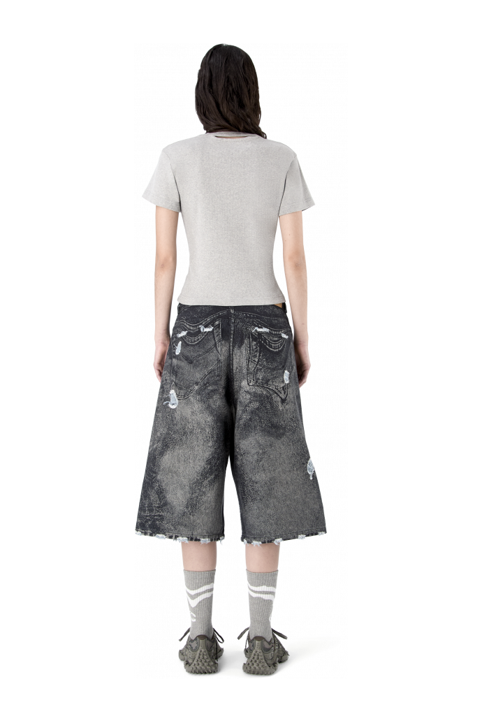 DISTORTED PRINT DISTRESSED DENIM SHORTS NERO-GRIGIO