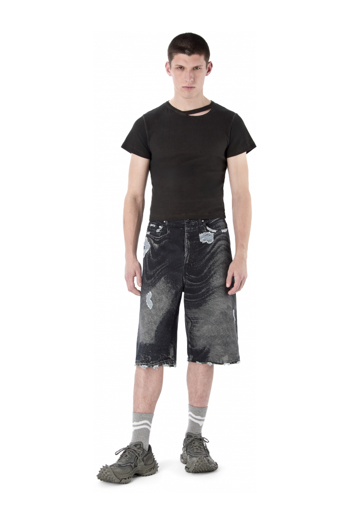 DISTORTED PRINT DISTRESSED DENIM SHORTS BLACK-Gray