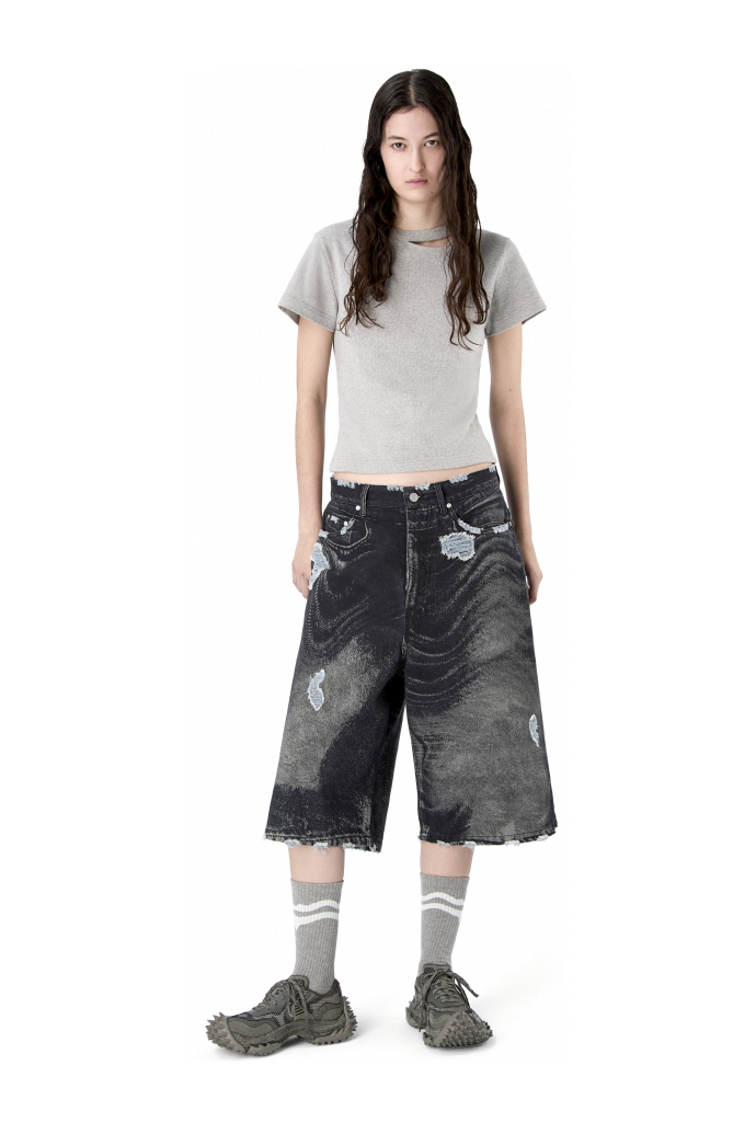 DISTORTED PRINT DISTRESSED DENIM SHORTS NERO-GRIGIO