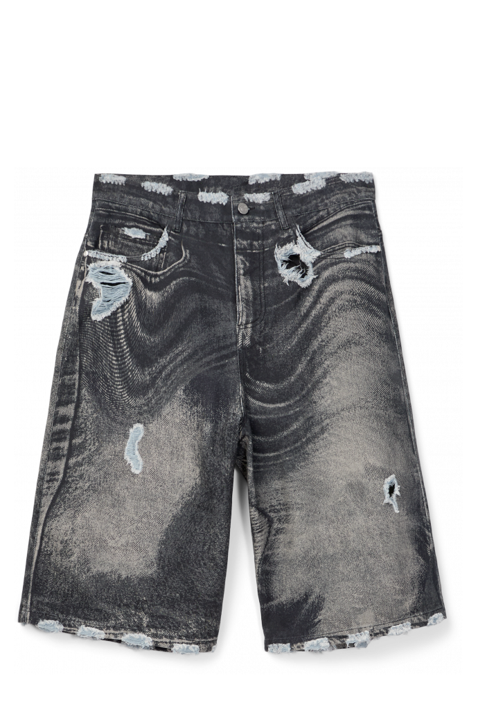 Side view of DISTORTED PRINT DISTRESSED DENIM SHORTS BLACK-Gray
