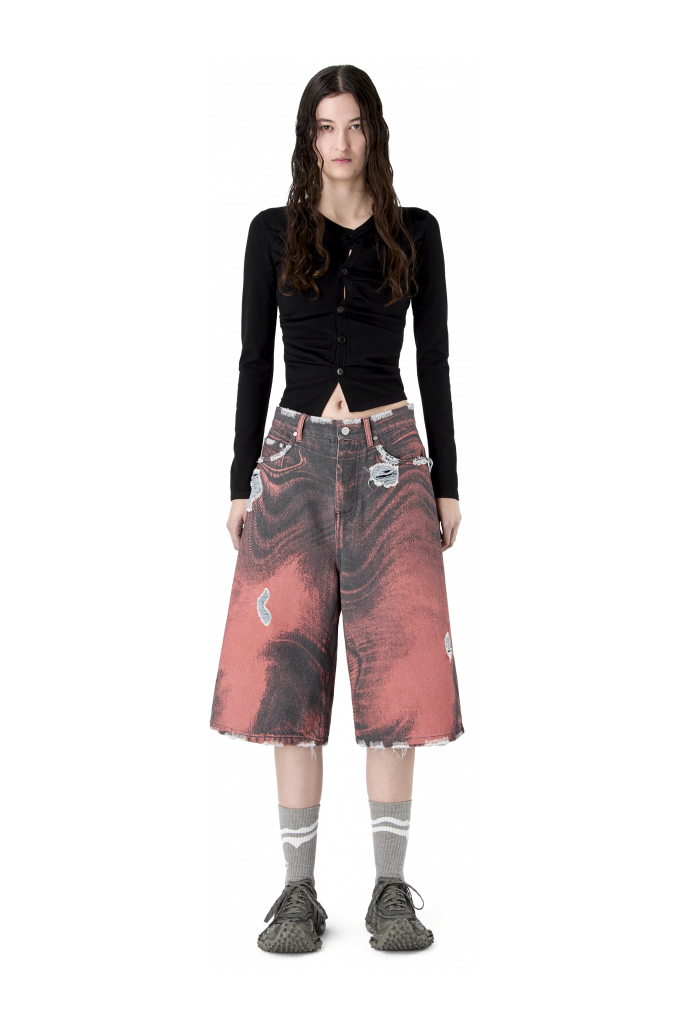 DISTORTED PRINT DISTRESSED DENIM SHORTS ARANCIONE-NERO