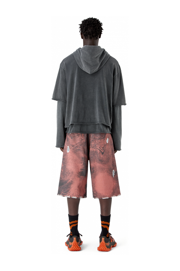 DISTORTED PRINT DISTRESSED DENIM SHORTS ORANGE-BLACK