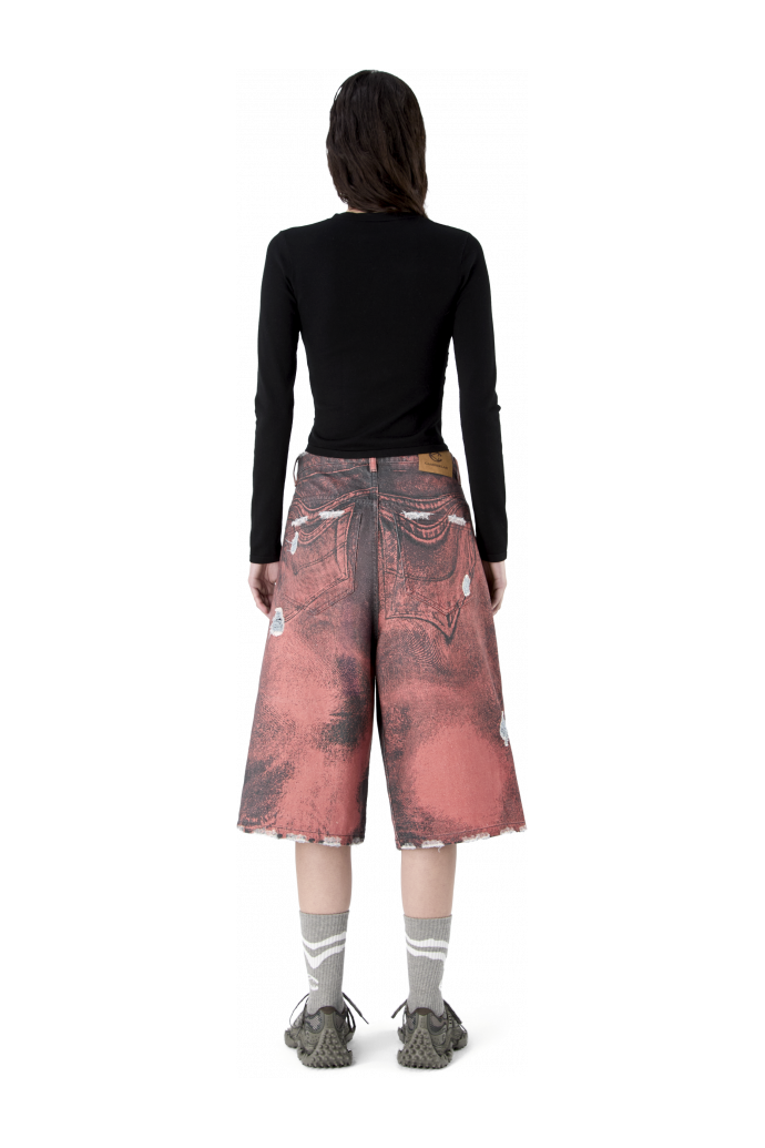 DISTORTED PRINT DISTRESSED DENIM SHORTS ARANCIONE-NERO