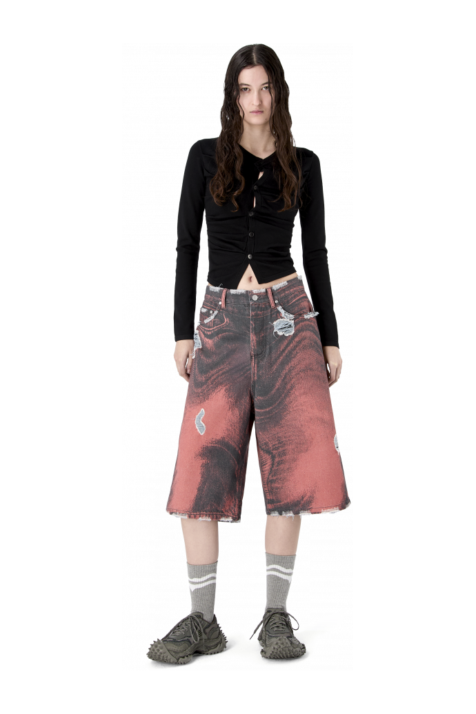 DISTORTED PRINT DISTRESSED DENIM SHORTS ARANCIONE-NERO