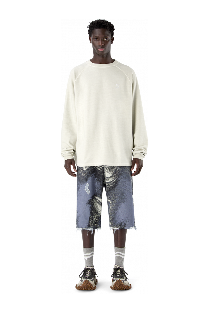 DISTORTED PRINT DISTRESSED DENIM SHORTS BLU-CREMA