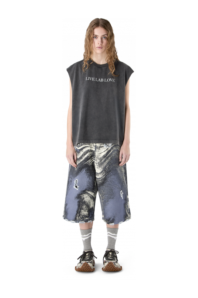 DISTORTED PRINT DISTRESSED DENIM SHORTS BLUE-CREAM