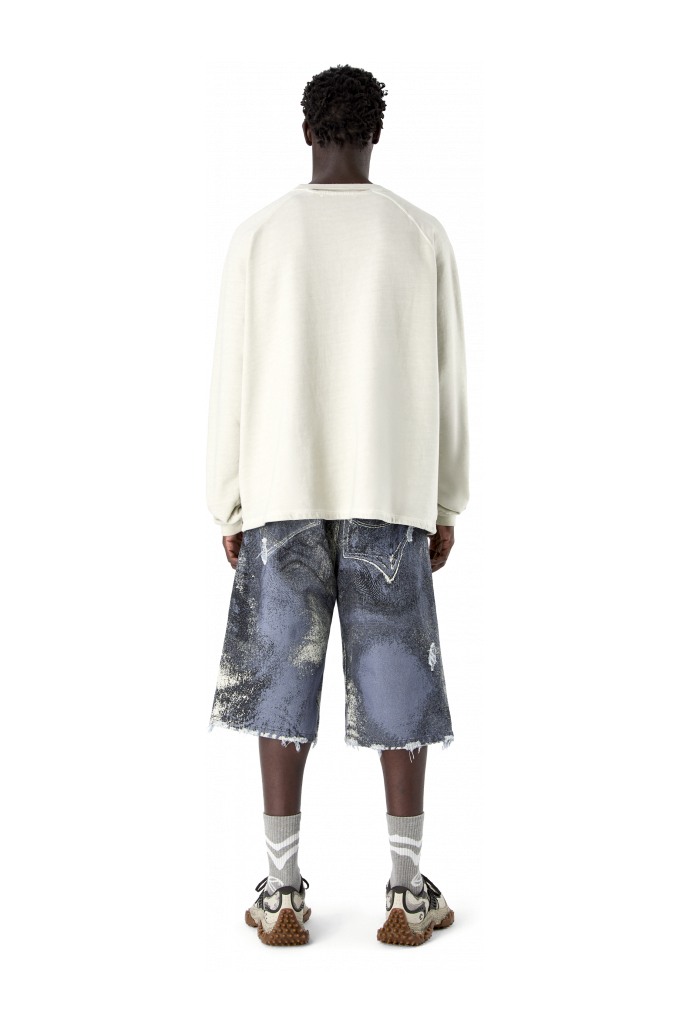 DISTORTED PRINT DISTRESSED DENIM SHORTS BLU-CREMA