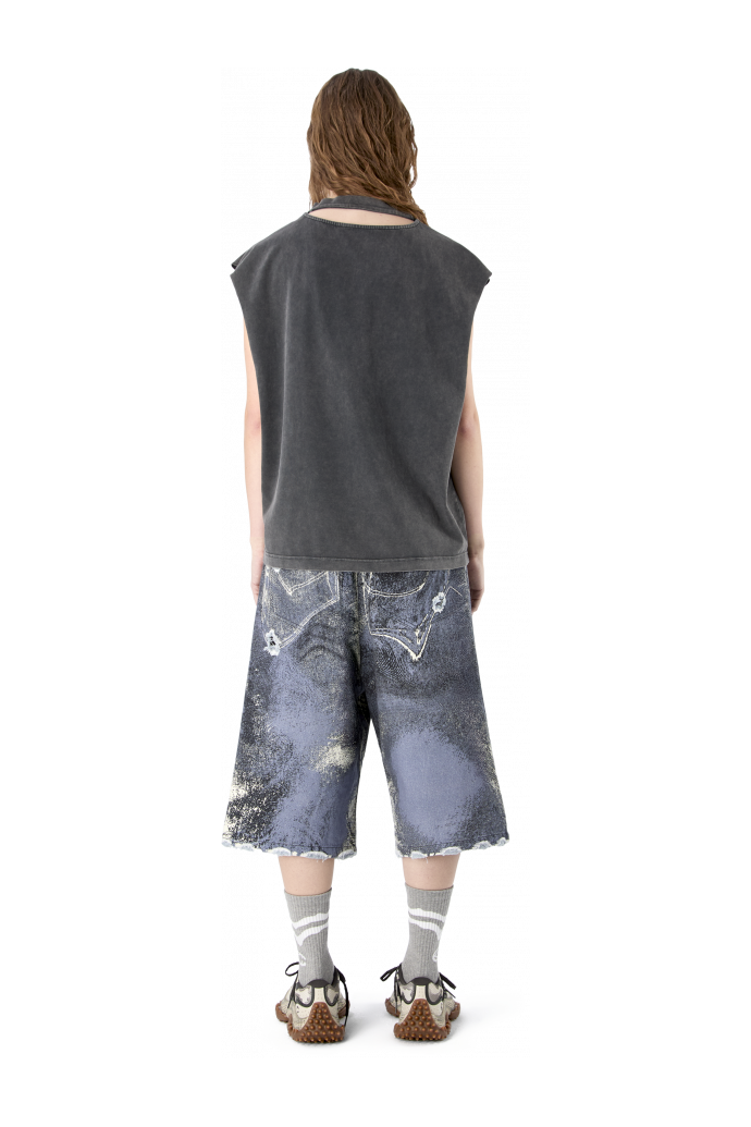 DISTORTED PRINT DISTRESSED DENIM SHORTS BLUE-CREAM