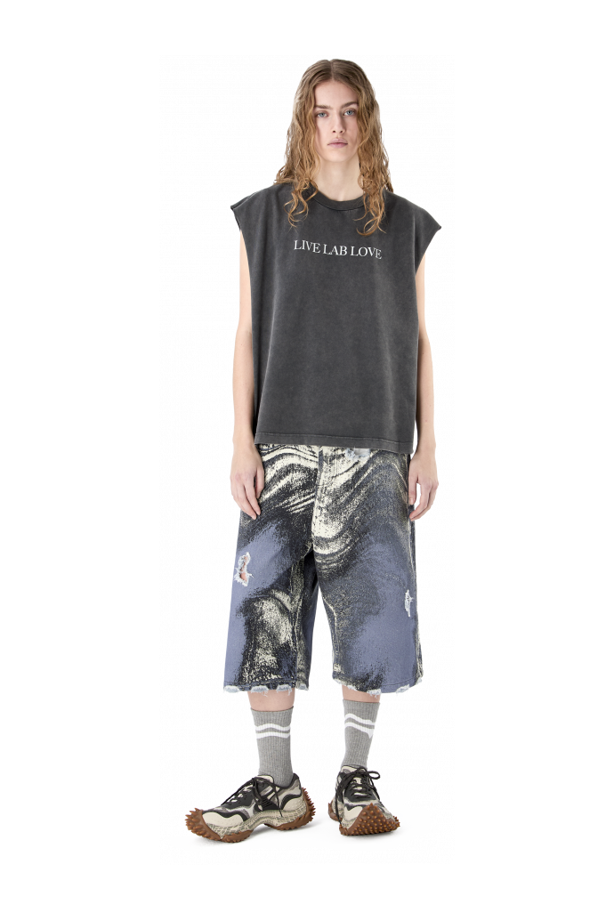 DISTORTED PRINT DISTRESSED DENIM SHORTS BLUE-CREAM