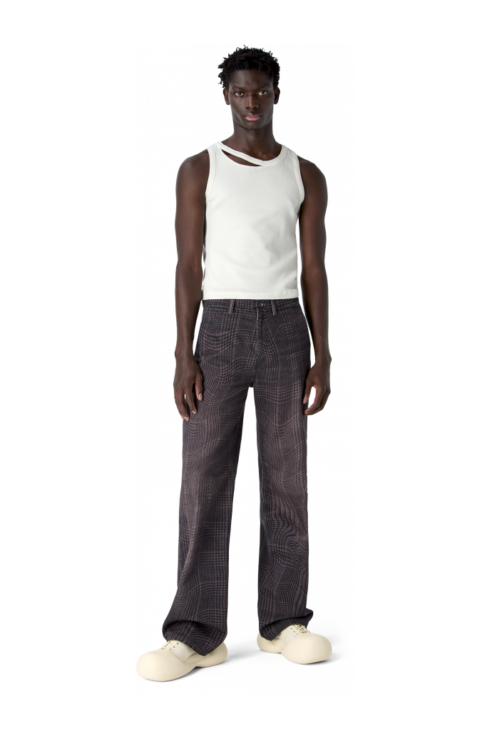 DISTORTED TARTAN PRINT DENIM JEANS BURGUNDY