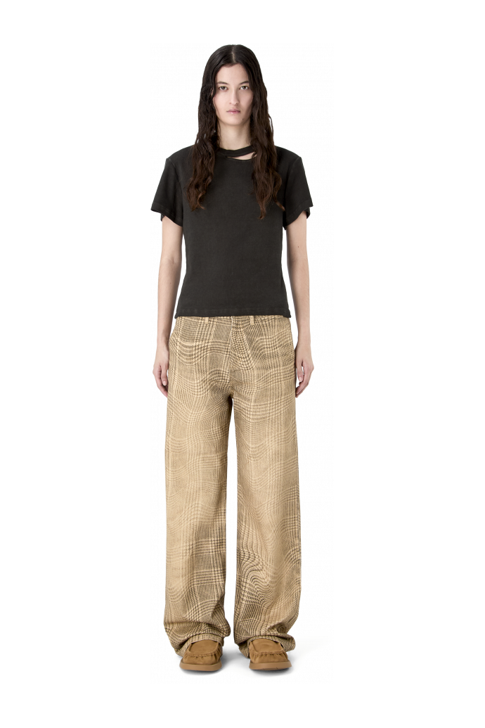 DISTORTED TARTAN PRINT DENIM JEANS MARRONE