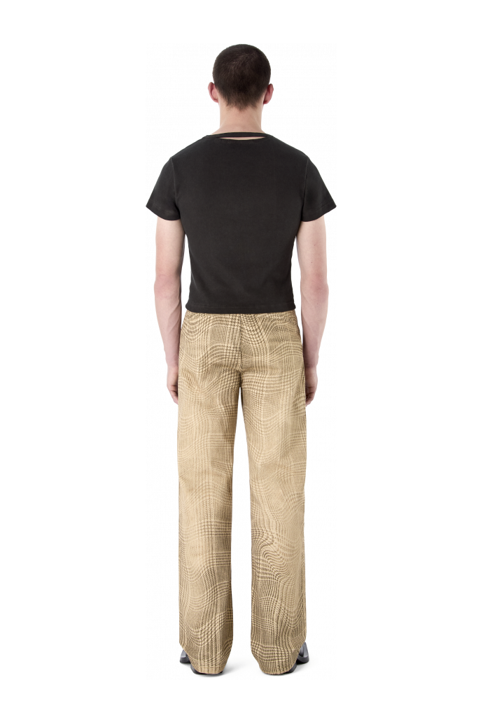 DISTORTED TARTAN PRINT DENIM JEANS BROWN