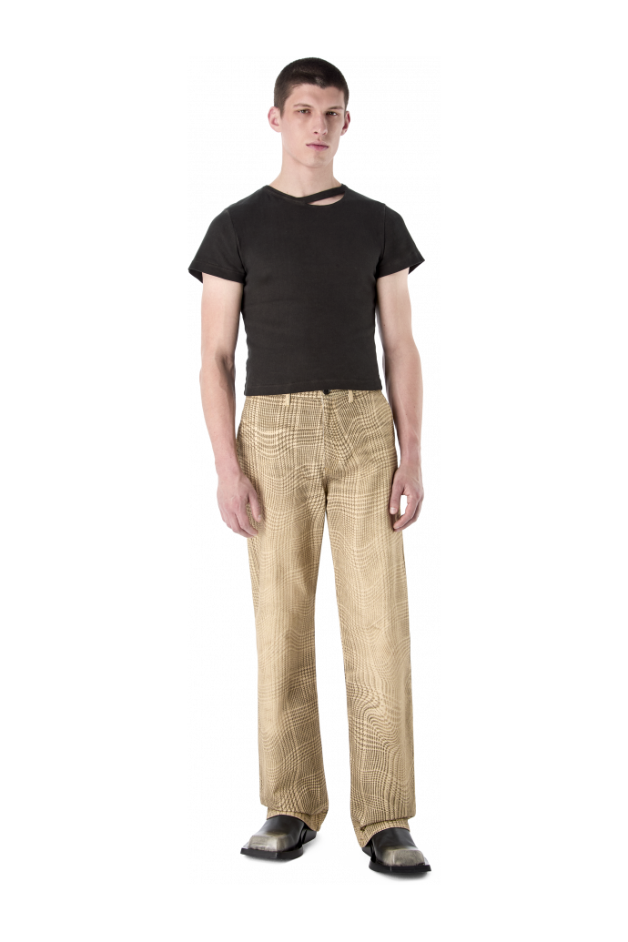 DISTORTED TARTAN PRINT DENIM JEANS BROWN