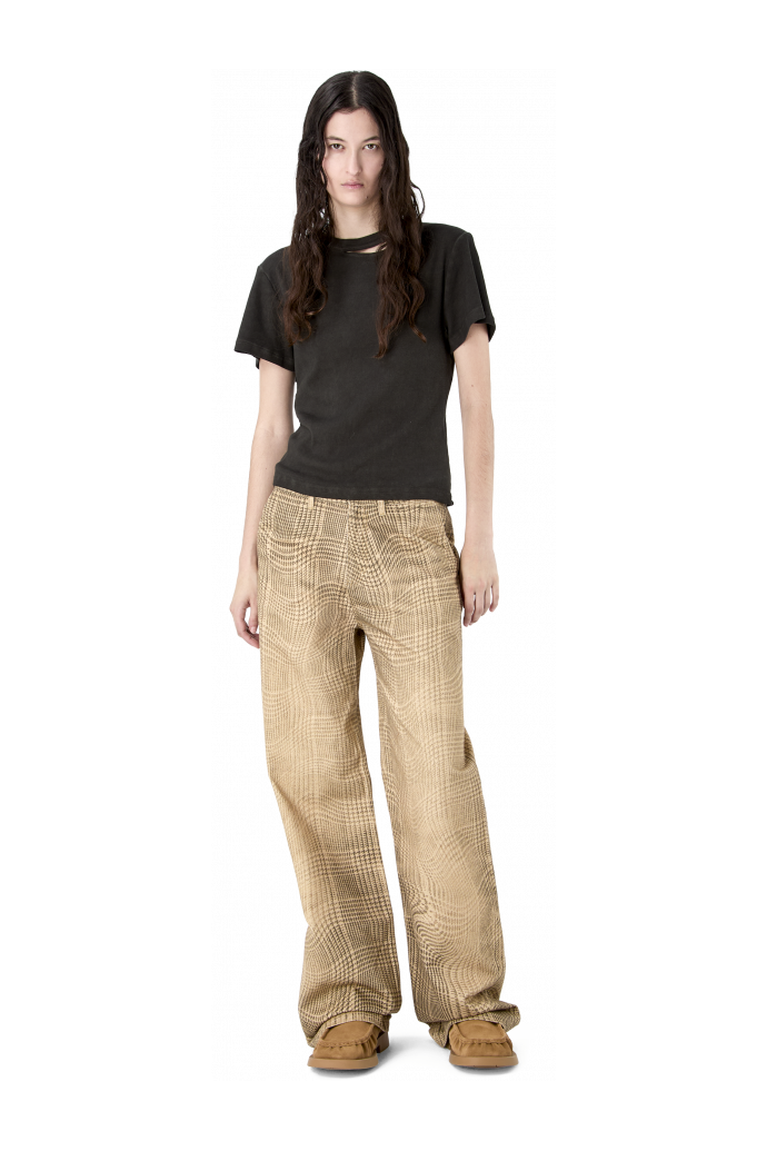 DISTORTED TARTAN PRINT DENIM JEANS MARRONE