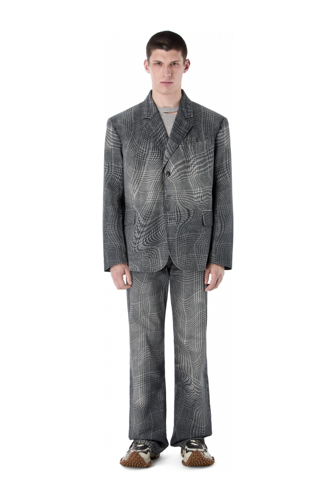 DISTORTED TARTAN PRINT DENIM BLAZER SCHWARZ