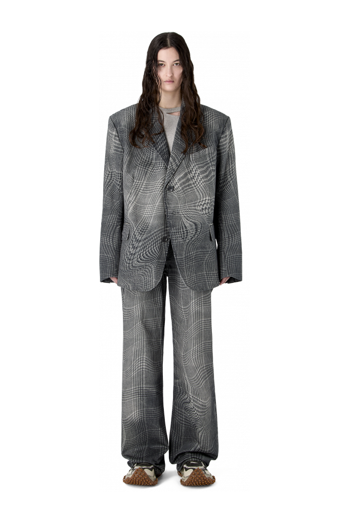 DISTORTED TARTAN PRINT DENIM BLAZER BLACK