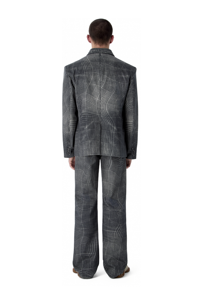 DISTORTED TARTAN PRINT DENIM BLAZER SCHWARZ