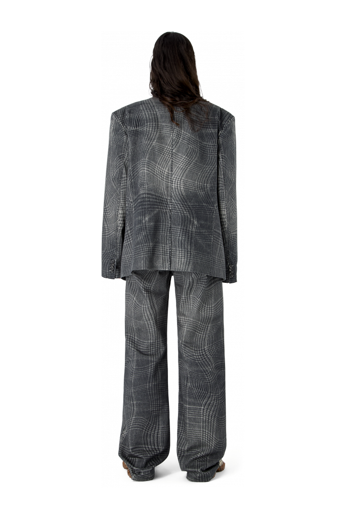 DISTORTED TARTAN PRINT DENIM BLAZER BLACK