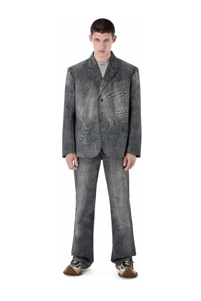 DISTORTED TARTAN PRINT DENIM BLAZER SCHWARZ