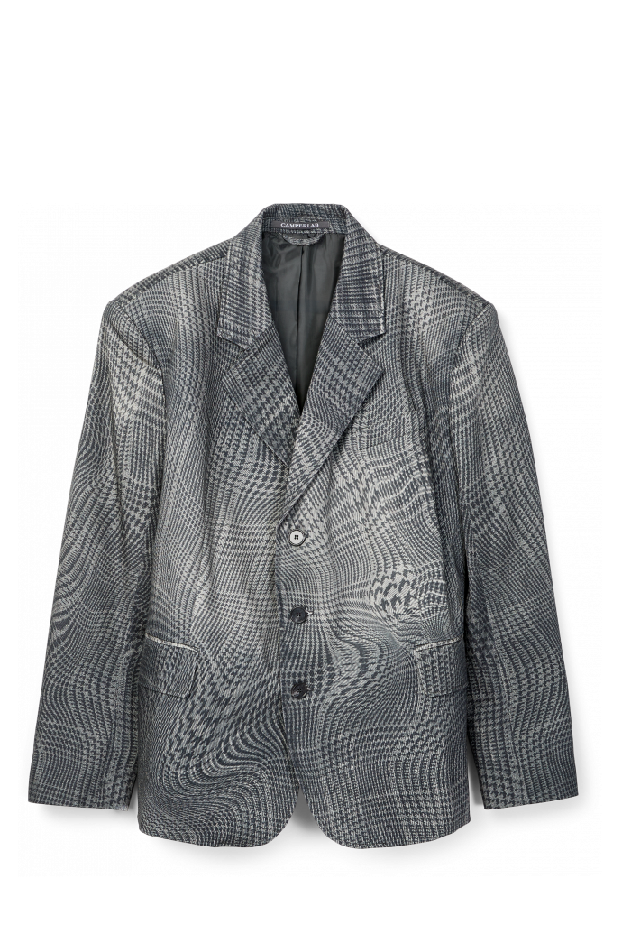 Side view of DISTORTED TARTAN PRINT DENIM BLAZER BLACK