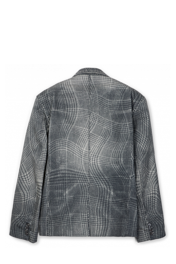 Back view of DISTORTED TARTAN PRINT DENIM BLAZER BLACK