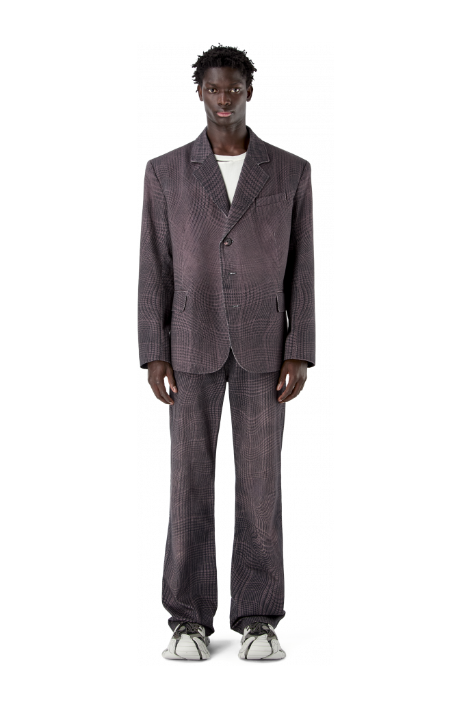 DISTORTED TARTAN PRINT DENIM BLAZER BURGUNDERROT