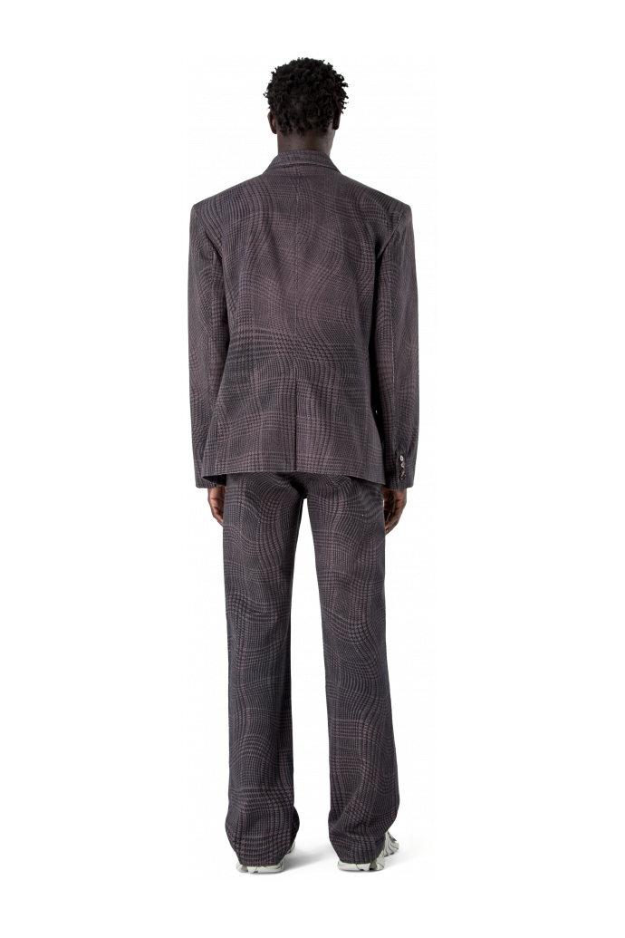 DISTORTED TARTAN PRINT DENIM BLAZER BURGUNDERROT