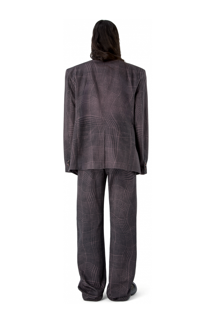 DISTORTED TARTAN PRINT DENIM BLAZER BURGUNDERROT