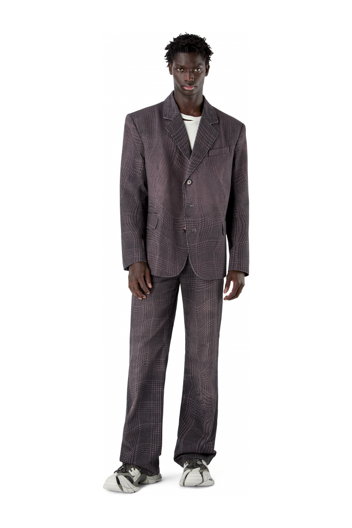 DISTORTED TARTAN PRINT DENIM BLAZER BURGUNDERROT