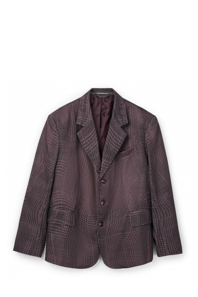 DISTORTED TARTAN PRINT DENIM BLAZER BURGUNDERROT