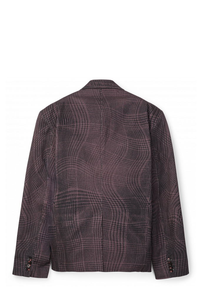 DISTORTED TARTAN PRINT DENIM BLAZER BURGUNDERROT