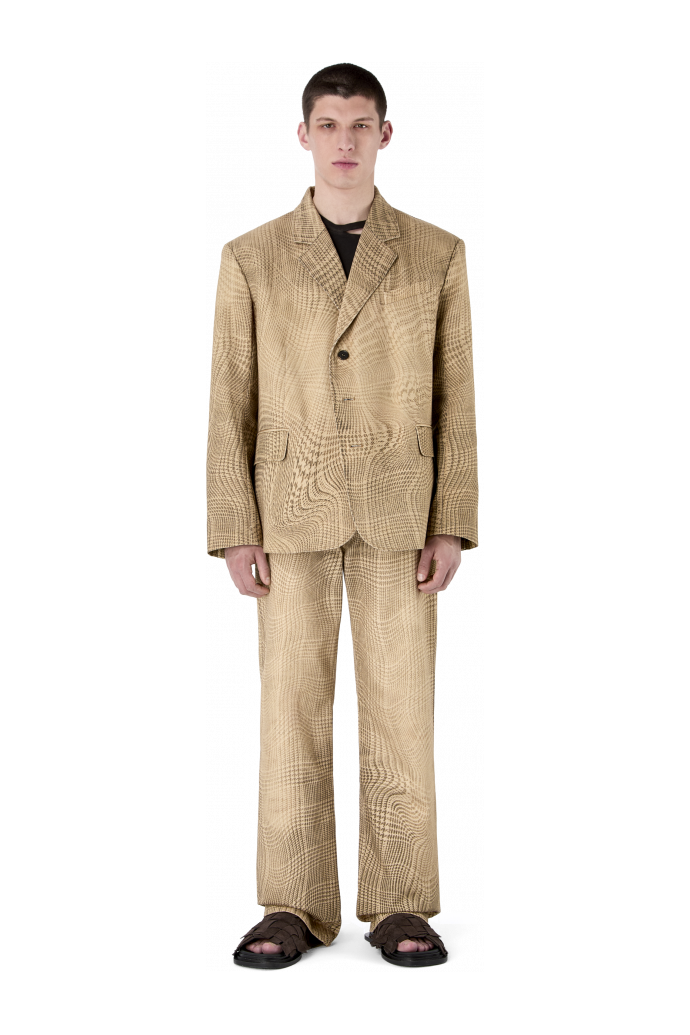 DISTORTED TARTAN PRINT DENIM BLAZER BRAUN