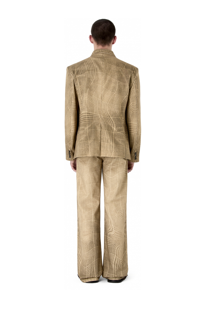 DISTORTED TARTAN PRINT DENIM BLAZER BRAUN