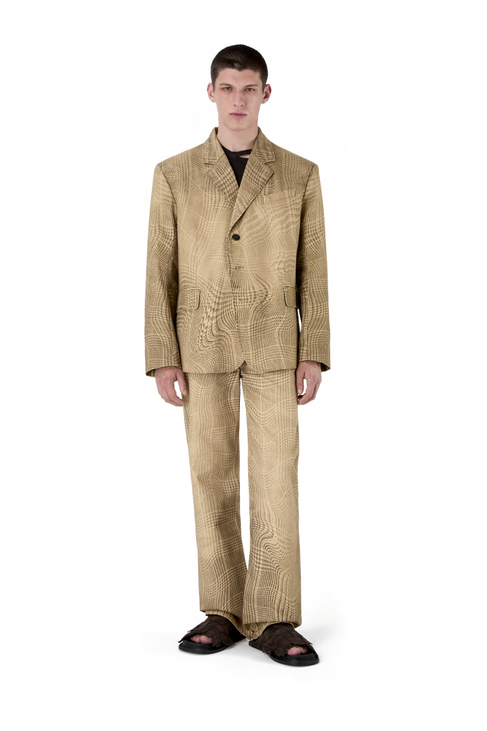 DISTORTED TARTAN PRINT DENIM BLAZER BRAUN