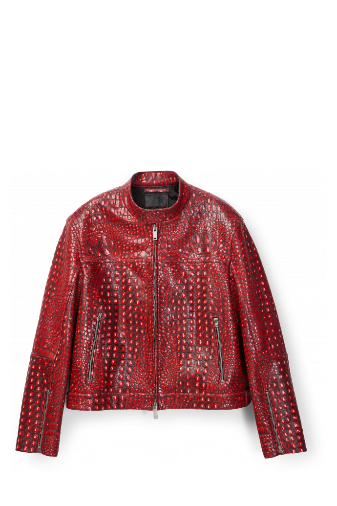 Side view of LEATHER MOTO JACKET RED