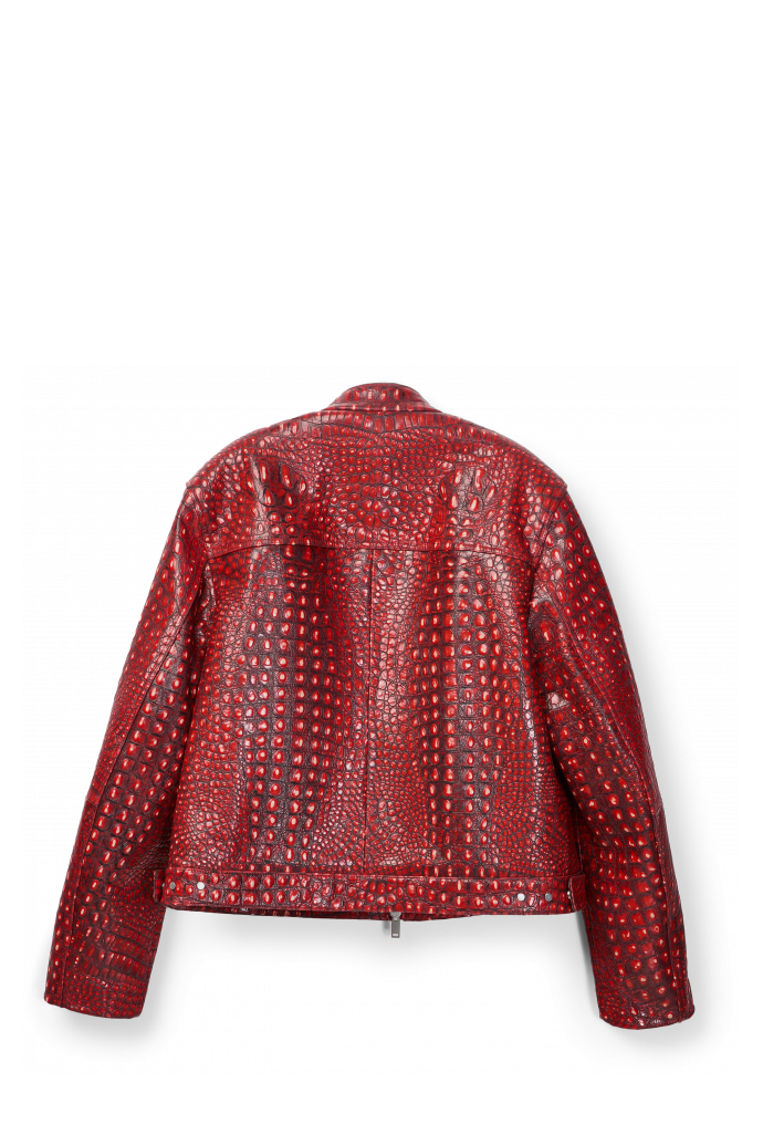 Back view of LEATHER MOTO JACKET RED