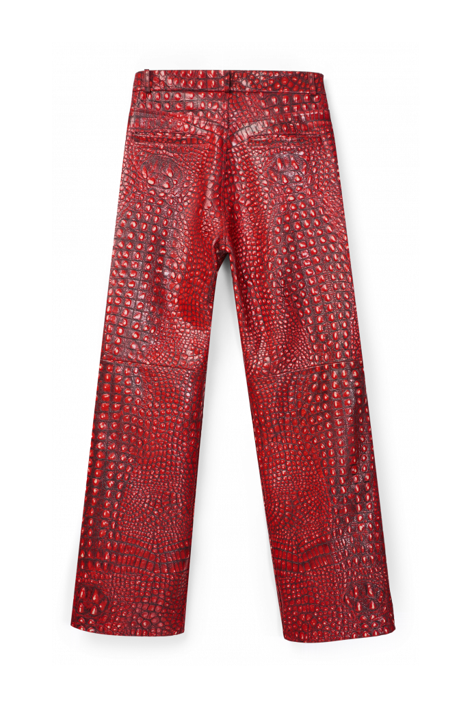 Back view of LEATHER MOTO TROUSERS RED