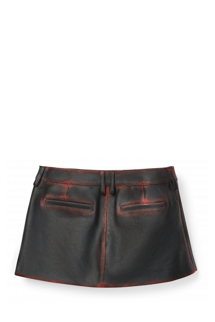 Back view of LEATHER MOTO MINI SKIRT BLACK