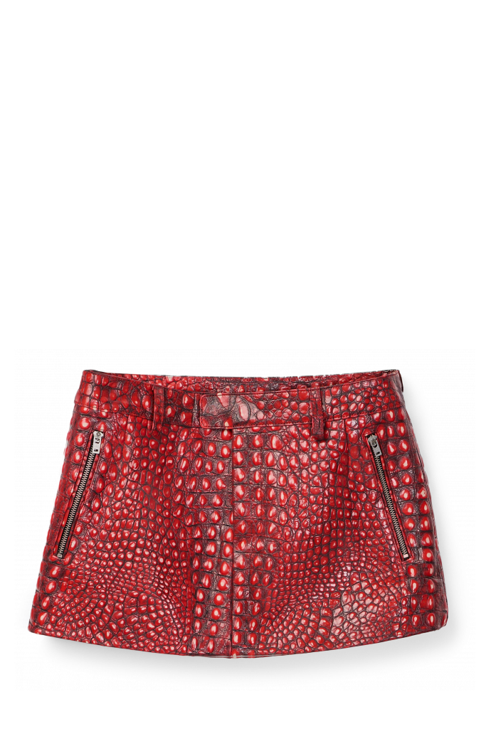 Side view of LEATHER MOTO MINI SKIRT RED