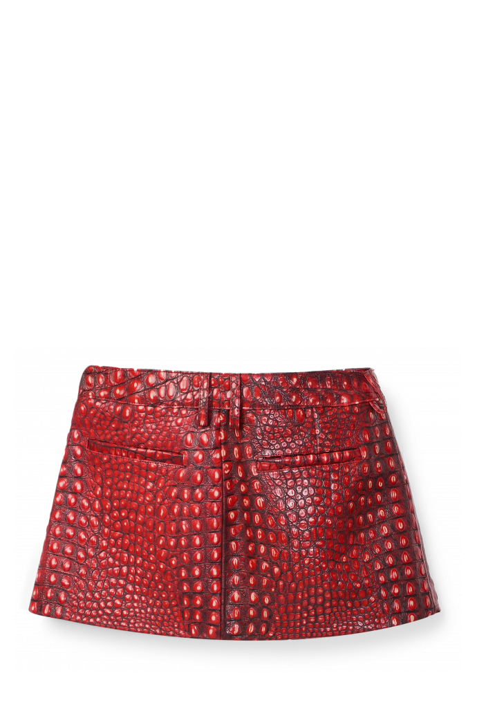 Back view of LEATHER MOTO MINI SKIRT RED