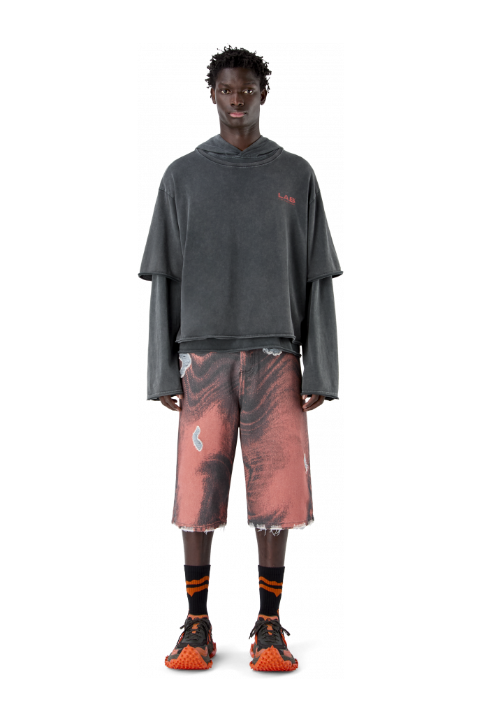 LAYERED JERSEY HOODIE VERBLASSTES SCHWARZ