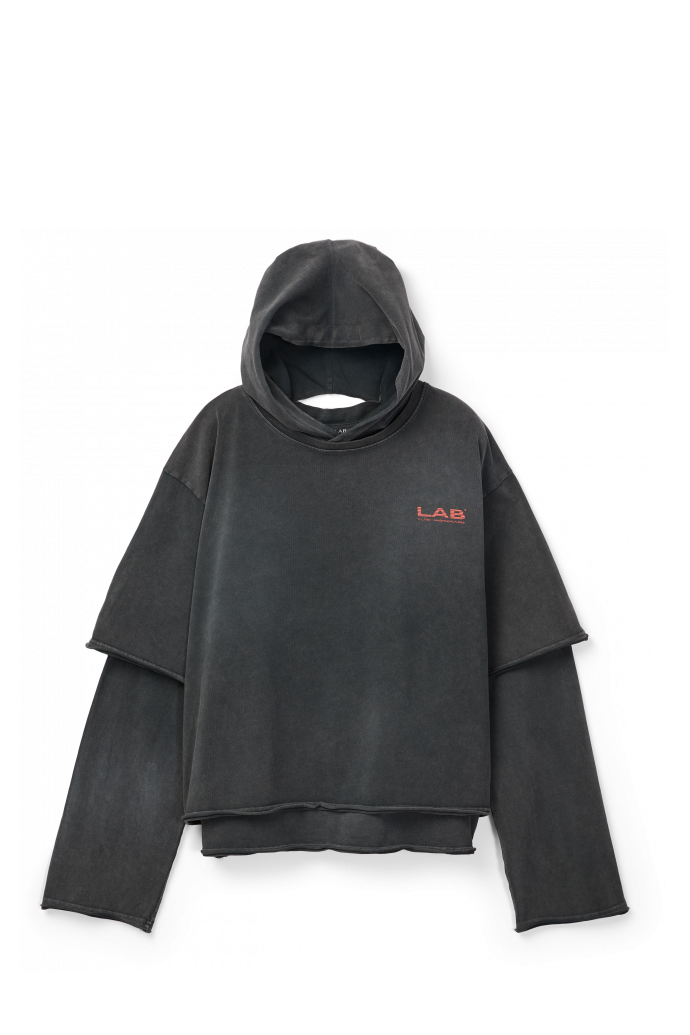 LAYERED JERSEY HOODIE VERBLASSTES SCHWARZ