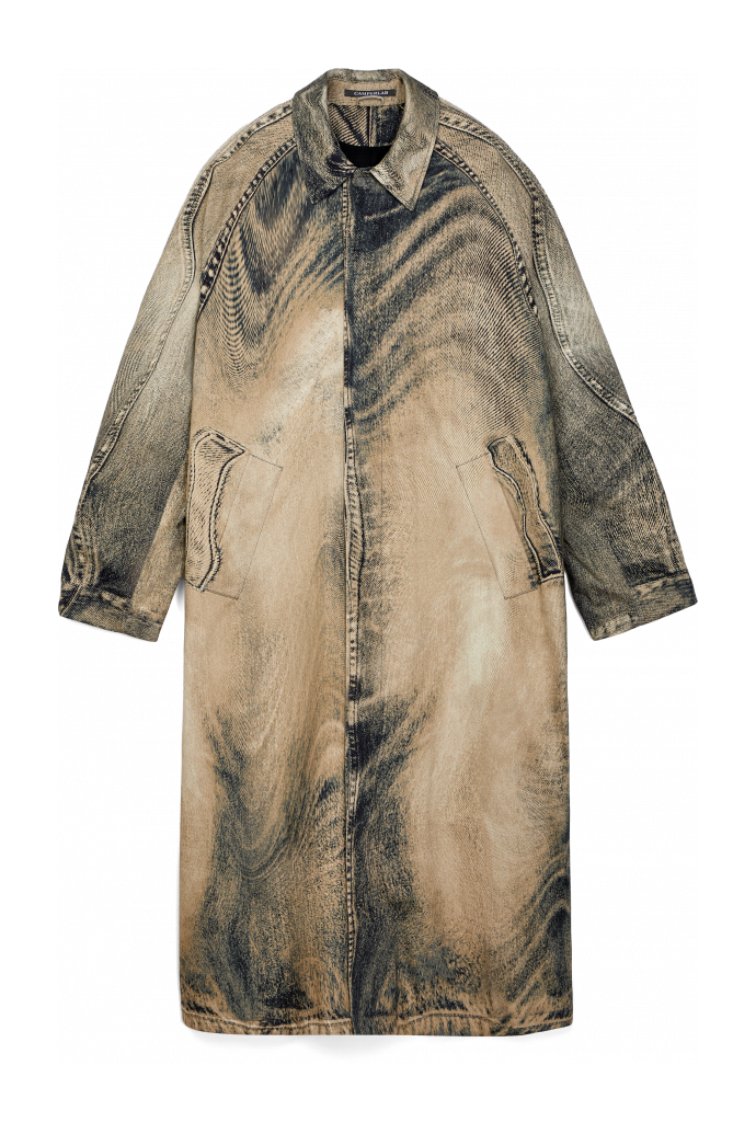 Side view of DISTORTED PRINT DENIM CAR COAT BEIGE-BROWN