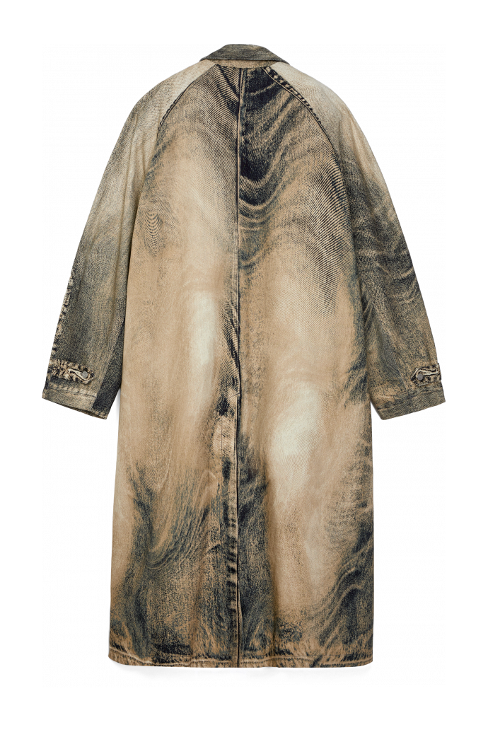 Back view of DISTORTED PRINT DENIM CAR COAT BEIGE-BROWN