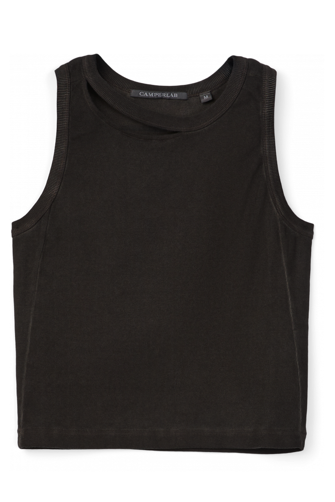 Side view of CUT-OUT RIBBED TANK TOP FADED BLACK