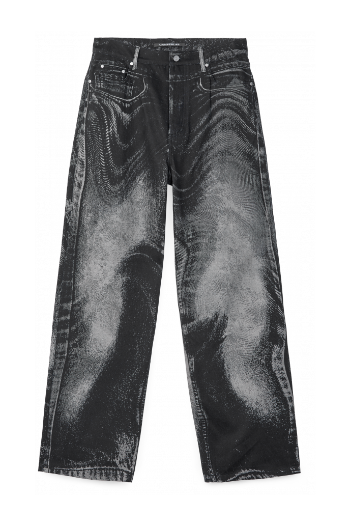 Side view of DISTORTED PRINT LOOSE JEANS DISTORTED PRINT LOOSE JEANS <br/>BLACK-GREY