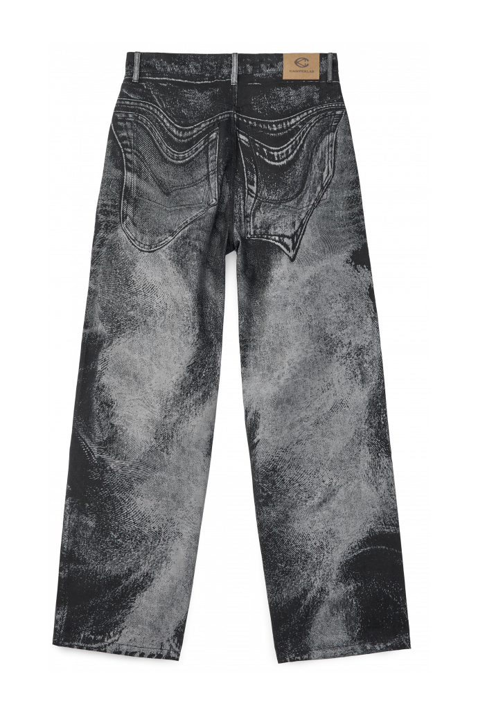 Back view of DISTORTED PRINT LOOSE JEANS DISTORTED PRINT LOOSE JEANS <br/>BLACK-GREY