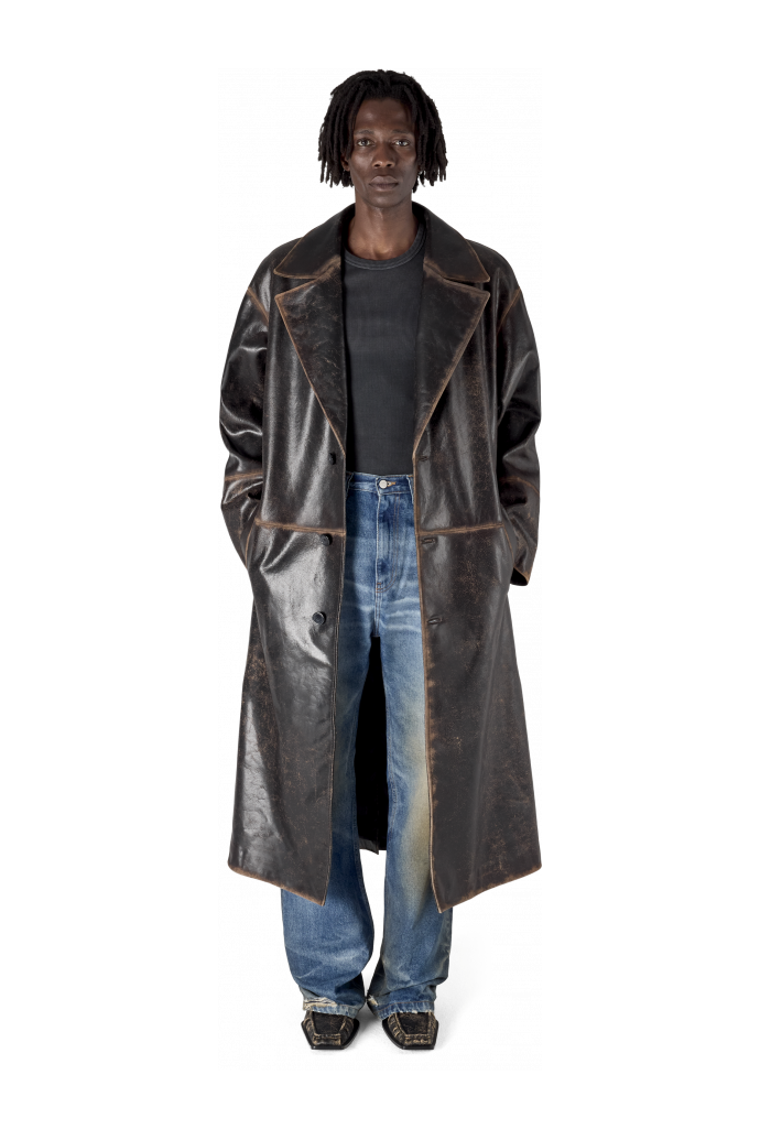 LEATHER LONG COAT SCHWARZ-SAND